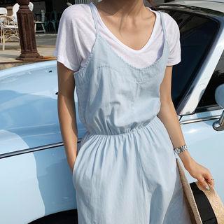 Gather-waist Culottes Overall Pants Light Blue - One Size