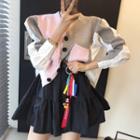 Color Block Cardigan / High-waist Mini A-line Skirt