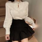 Mock-neck Lace Frog Button Blouse / High Waist Mini A-line Skirt