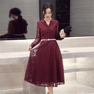 Long-sleeve Beaded Lace Midi Dress