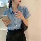Front Pocket Short-sleeve Denim Shirt Blue - One Size
