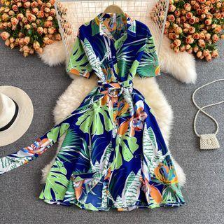 Short Sleeve Print Shirtdress With Belt