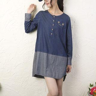 Flower Embroidered Long-sleeve Tunic As Shown In Figure - One Size