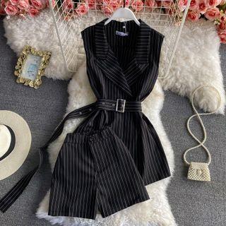 Set: Pinstripe Lapel Vest With Belt + Shorts