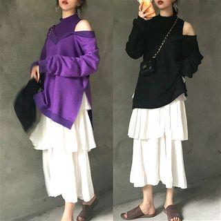 Mock Two-piece Cold-shoulder Sweatshirt / Midi Pleated Tiered Skirt