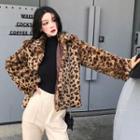 Leopard Pattern Furry Open Front Jacket As Shown In Figure - One Size