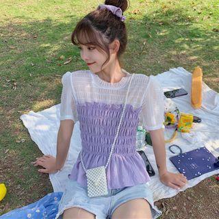 Short-sleeve Paneled Shirred Blouse