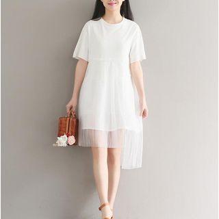 Pleated Hem Elbow Sleeve T-shirt Dress