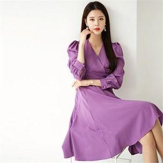 V-neck Puff-shoulder A-line Dress