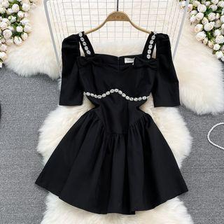 Short Sleeve Rhinestone A-line Mini Dress