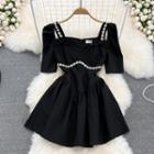 Short Sleeve Rhinestone A-line Mini Dress