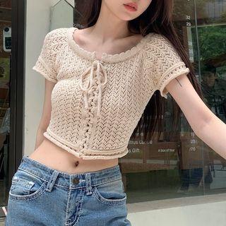 Short-sleeve Pointelle Lace-up Knit Top Almond - One Size