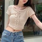 Short-sleeve Pointelle Lace-up Knit Top Almond - One Size