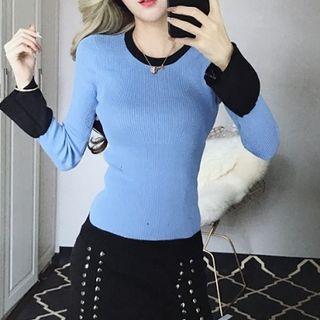 Set: Color Block Knit Top + Pencil Skirt As Shown In Figure - One Size