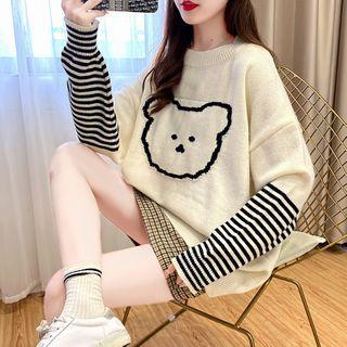 Bear Print Stripe Panel Knit Top