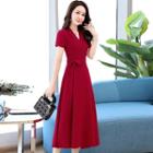 Short-sleeve Tie-front Midi A-line Dress