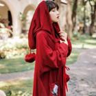 Flower Embroidered Hooded Lace Up Long Jacket