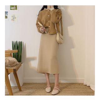 Button Jacket / Midi A-line Knit Skirt