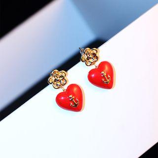 Flower & Heart Dangle Earring 1 Pair - Red - One Size