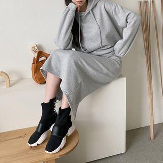 Set: Hooded Napped Sweatshirt + Band-waist Skirt