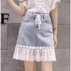 Eyelet Hem Mini A-line Denim Skirt