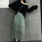 Plain Long-sleeve T-shirt / Plain High-waist Midi Skirt