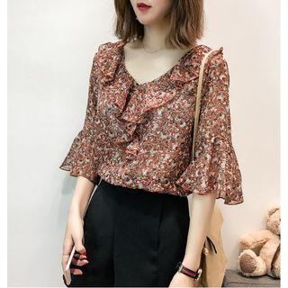 Floral Print 3/4-sleeve Ruffle Chiffon Blouse