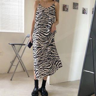 Zebra Print Spaghetti Strap Midi A-line Dress