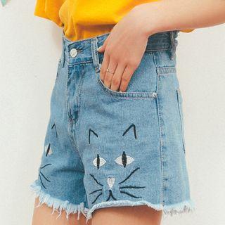 Cat Embroidered Fray Hem Denim Shorts