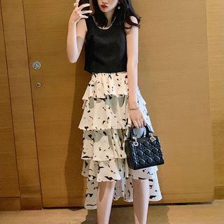 Set: Sleeveless Open Back Top + Print Tiered Midi Skirt