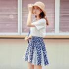 Mesh-panel Floral A-line Skirt