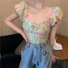Puff-sleeve Flower Print Blouse As Figure - One Size