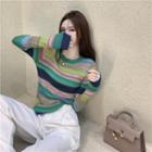 Rainbow Striped Knit Sweater Green - One Size