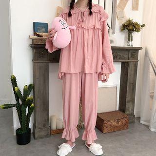 Set: Flared-cuff Ruffled Shirt + Pants Pink - One Size