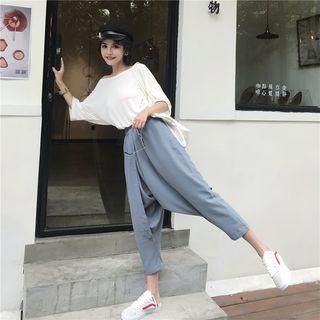 Batwing-sleeve Plain T-shirt / Cropped Harem Pants