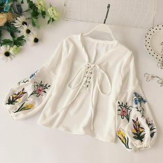 Floral Embroidered Lace Up Front Blouse
