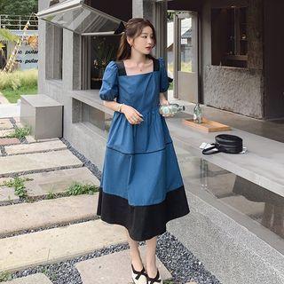 Square-neck Color Block A-line Dress