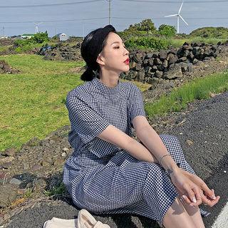 High-neck Wrap-front Gingham Shirtdress