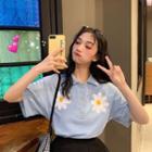 Flower Printed Short-sleeve Polo Shirt
