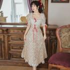 Puff-sleeve Floral Print Lace Panel Midi A-line Dress