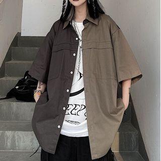 Couple Matching Elbow-sleeve Cargo Shirt Dark Gray - One Size