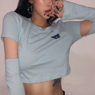 Long-sleeve Cutout Butterfly Embroidered T-shirt
