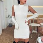Set: Sleeveless Mini Sheath Dress + Fingerless Gloves White - One Size