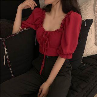 Lace-up Square Neck Puff-sleeve Blouse
