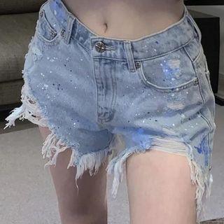 Splatter Print Distressed Denim Hot Pants
