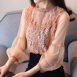 3/4-sleeve Lace Panel Chiffon Blouse