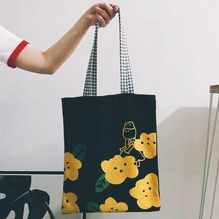 Cartoon Print Canvas Tote Bag With Bear Charm