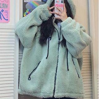 Fluffy Hooded Zip-up Jacket Green - One Size