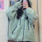 Fluffy Hooded Zip-up Jacket Green - One Size