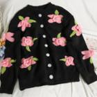 Flower-accent Loose Cardigan Black - One Size
